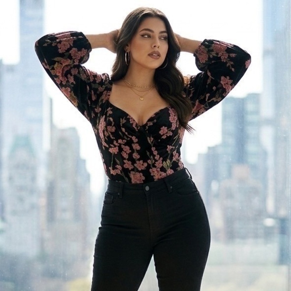 Missguided Plus Size Velvet‎ Floral Milkmaid Bodysuit Black Pink US 22 Steampunk